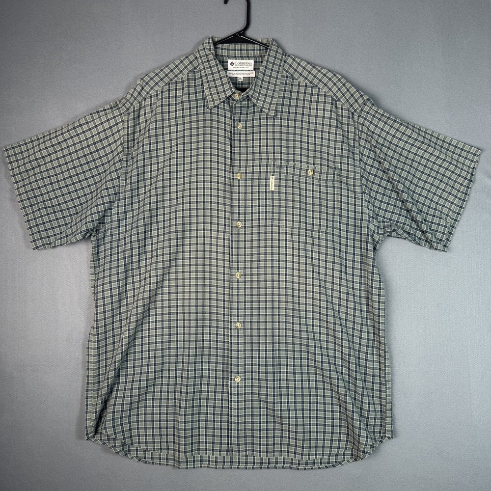 Vintage 90s Columbia Men Plaid Short Sleeve Button Up Shirt XXL Green Tan